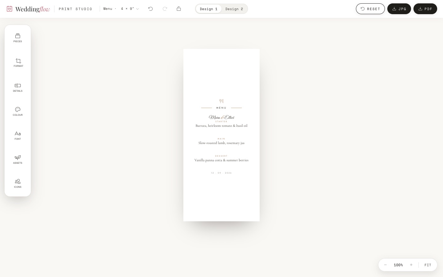 A wedding menu card designed in the print studio