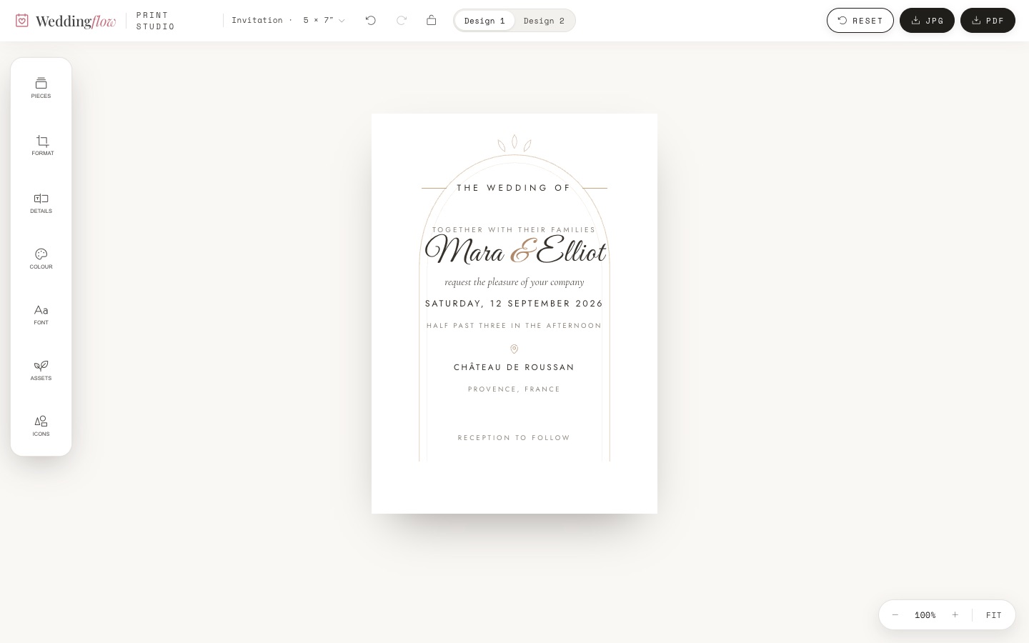 The WeddingFlow print studio showing pieces, tools and export options