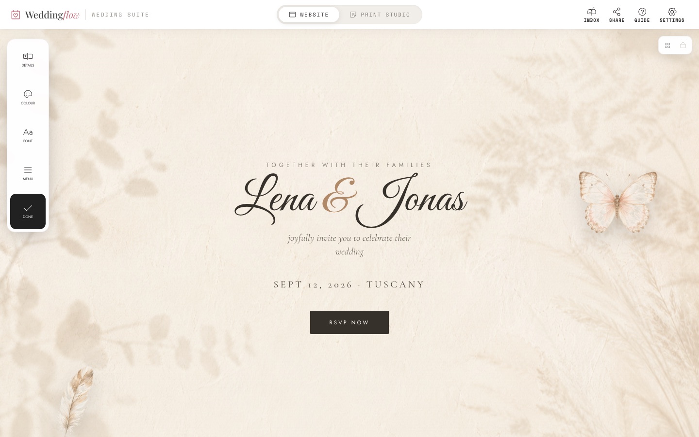 The WeddingFlow editor showing the Website / Print Studio switch and the editing tools